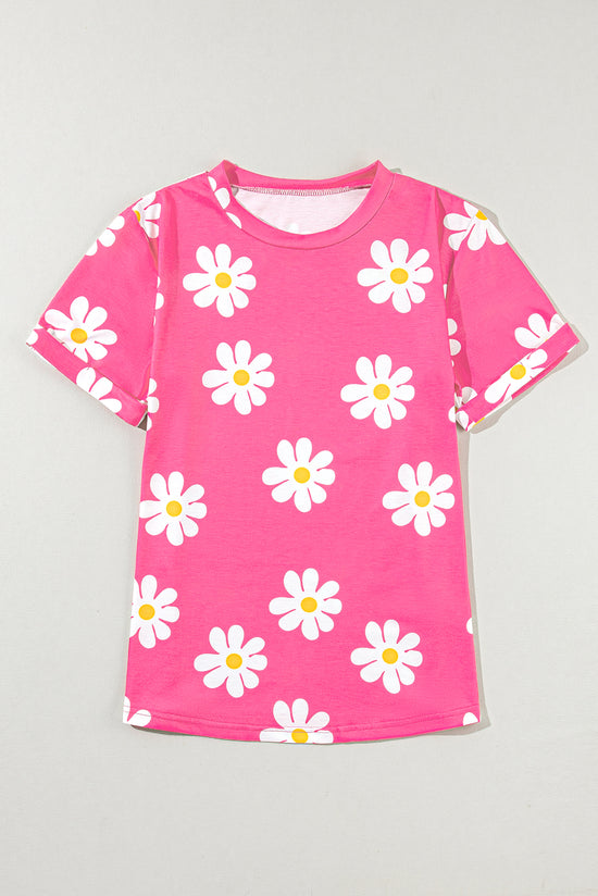 Camiseta de color redondo impreso rosa marguerite rosa