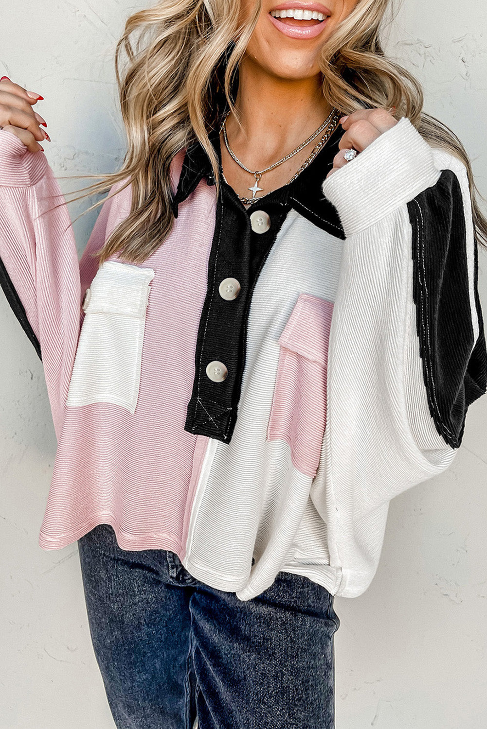 Multi-colored Henley Neck Top with Color Block Flap Pockets