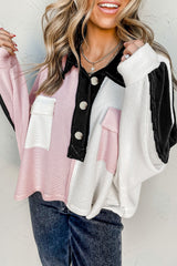Multi-colored Henley Neck Top with Color Block Flap Pockets
