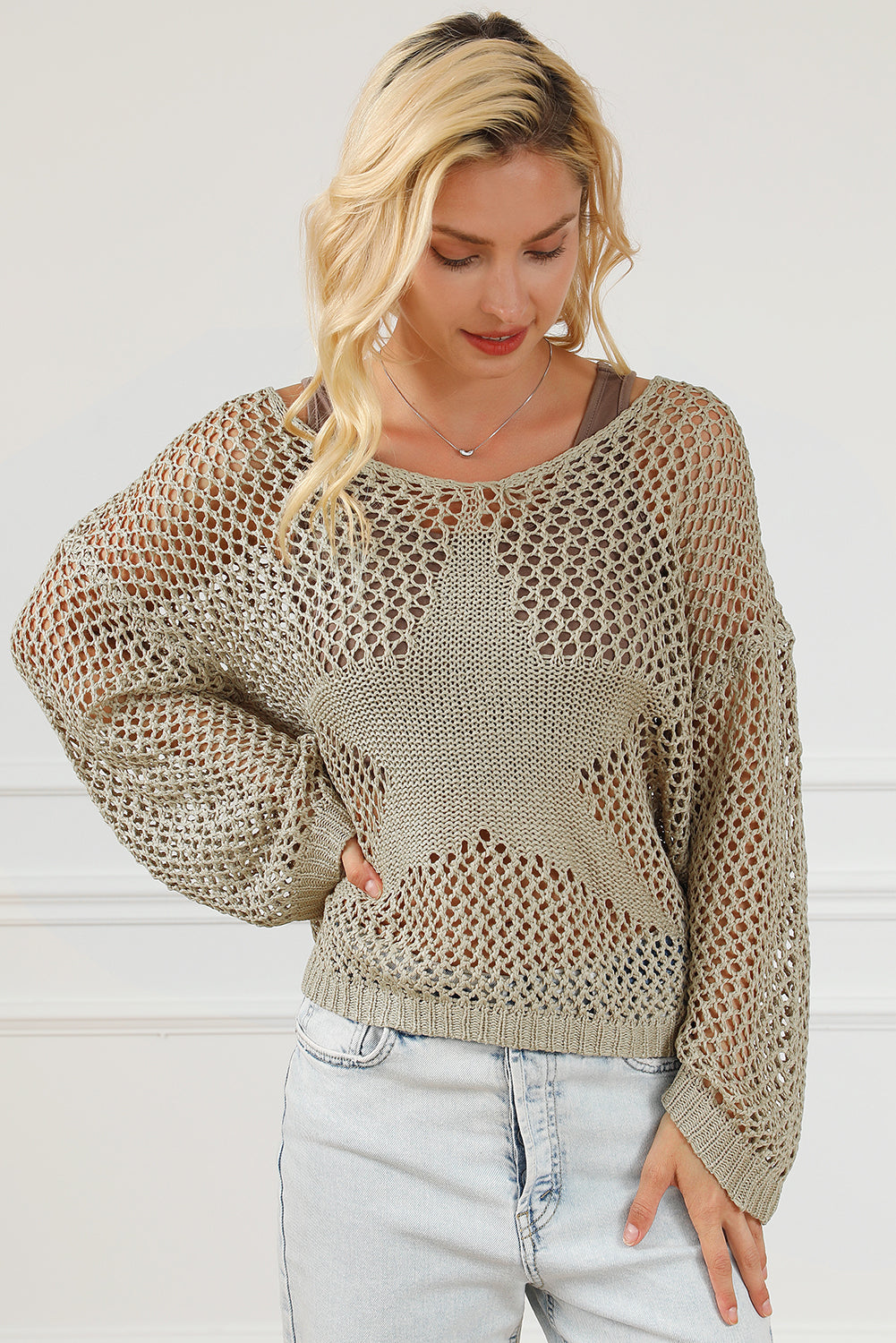 Light French Beige Star Pointelle Knit Loose Sweater