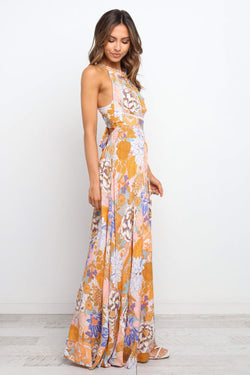 Long floral bohemian dress bare back with orange sleeveless laces