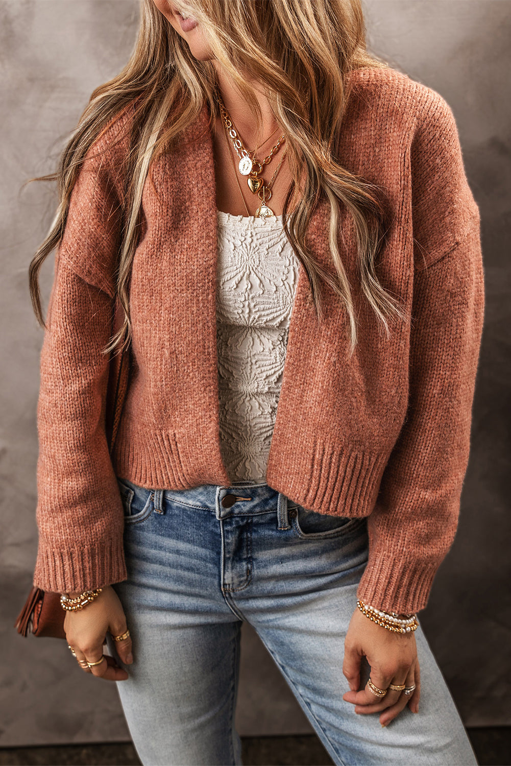 Light beige French drop shoulder open front cropped cardigan