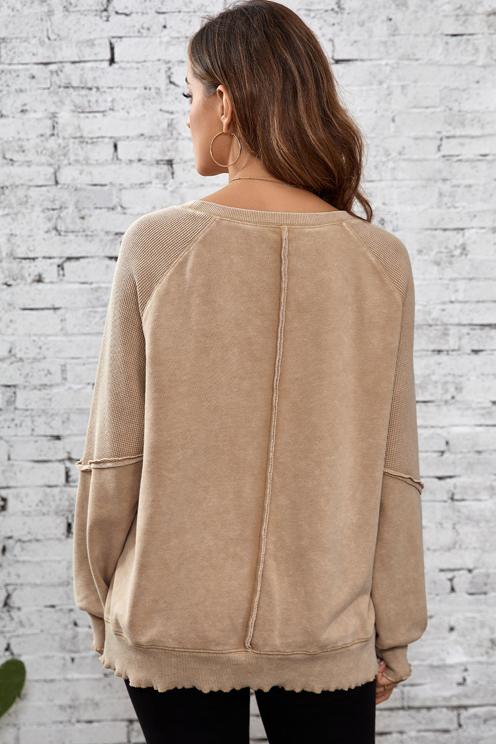 Light French Beige Plain Waffle Knit Raglan Sleeve Sweatshirt