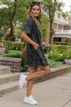 Gray vintage faded leopard t-shirt dress with pockets