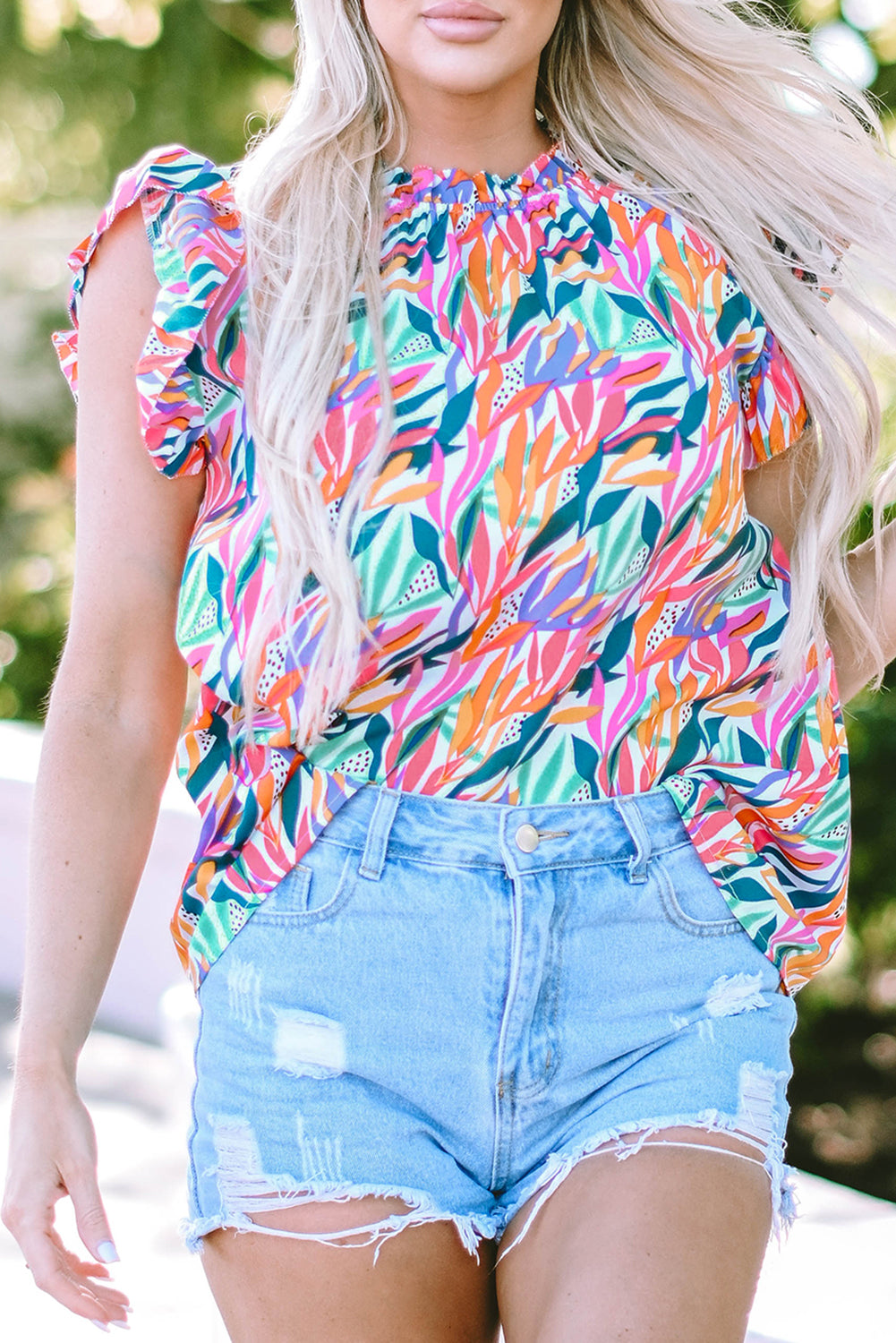 Rose Red Floral Print Ruffled Flutter Sheve Blouse