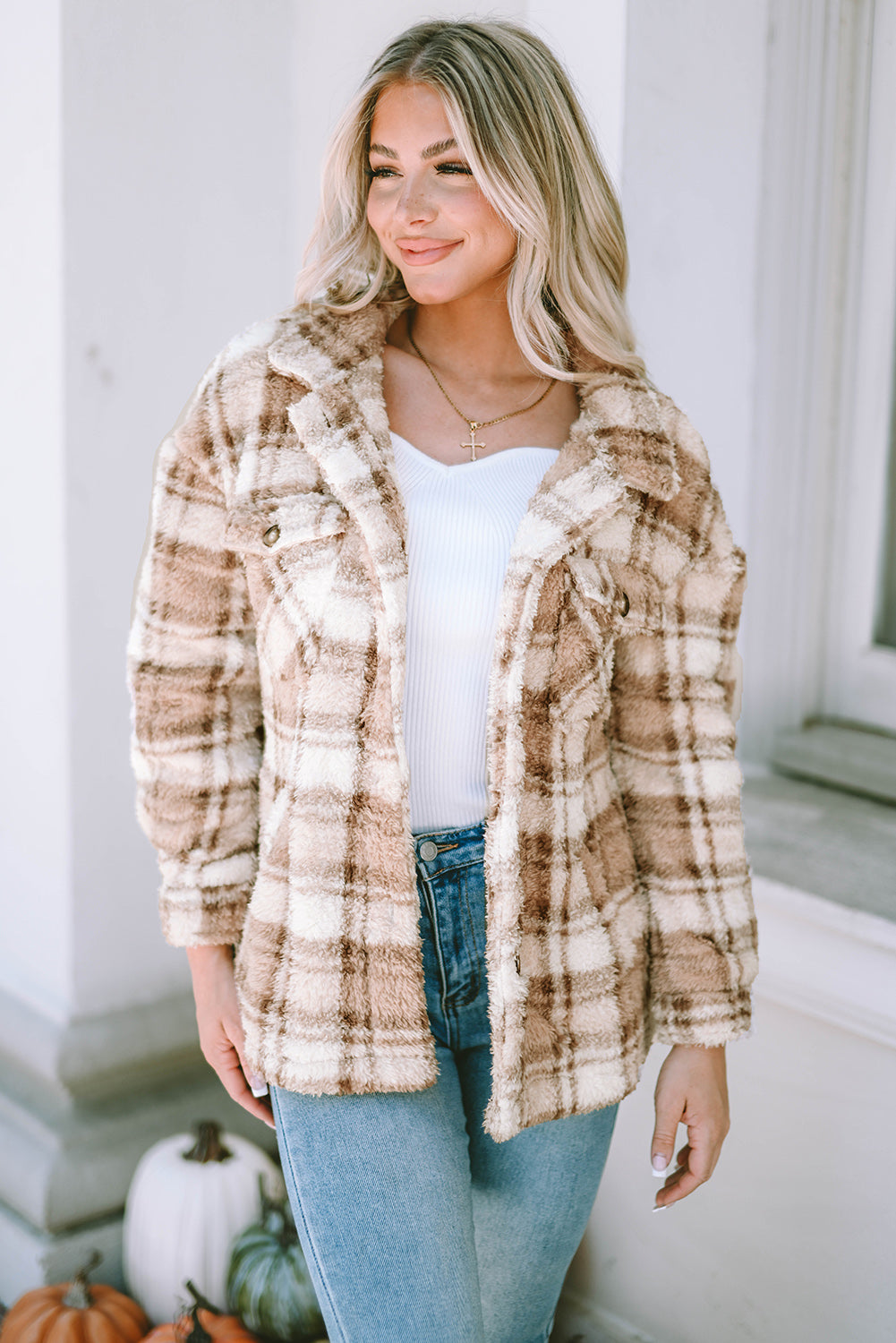 Khaki Sherpa Plaid Button Taschenjacke