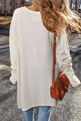 White Waffle Knit Oversized V-Neck Top with Seam Detail