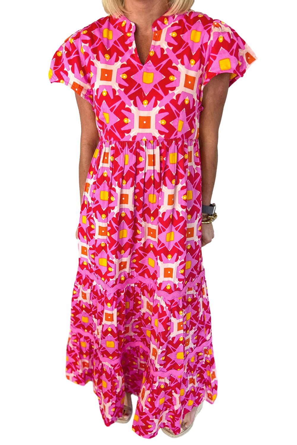 Erdbeerrosa Geo Print V-Ausschnitt Maxikleid