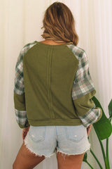 Green Plaid Waffle Knit Bubble Sleeve Top with Exposed Seams