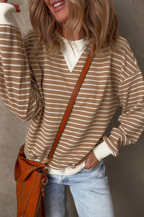 Khaki Textured Striped Crew Neck Long Sleeve Top with Patched Edges