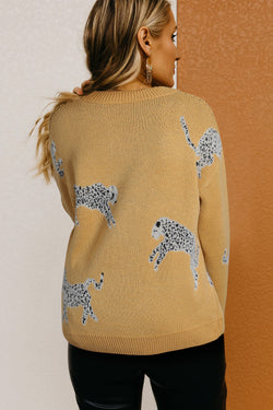 Fuzzy camel crew neck sweater with cheetah accent