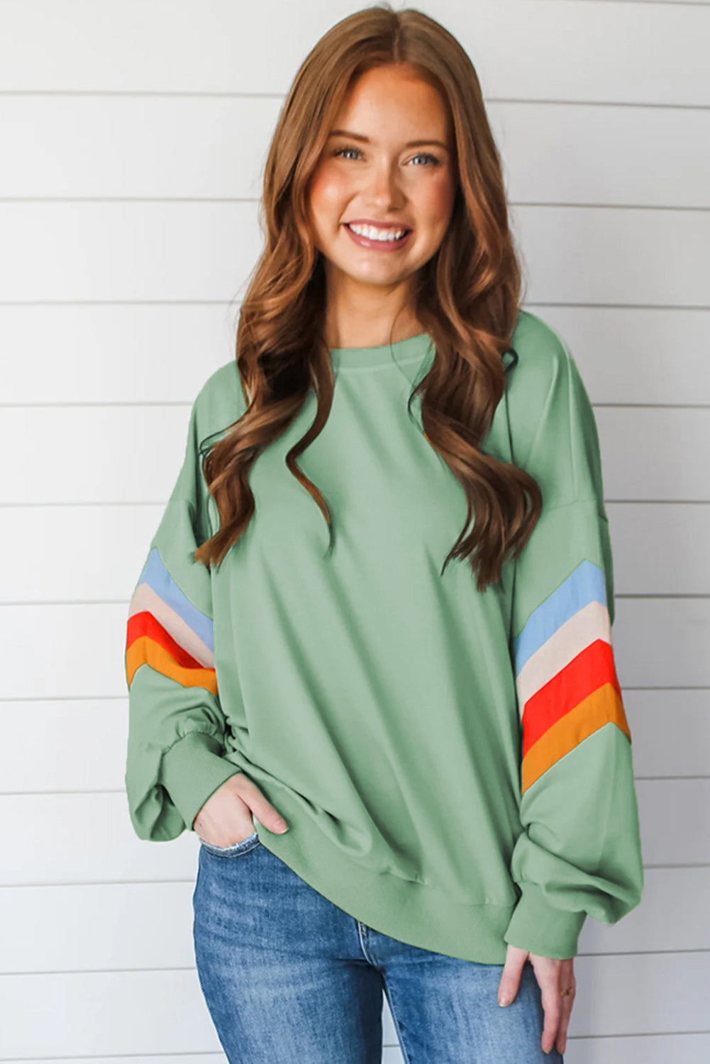 Mondlicht Jade Regenbogen gestreiftes Ärmel Crew Hals Lose Sweatshirt