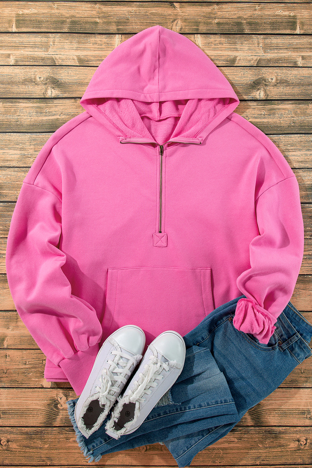 Bonbon Fleece ausgesäumt halb Reißverschluss Känguroo Taschen Loose Hoodie