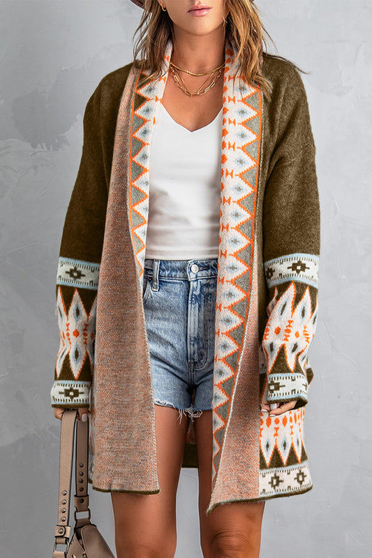 Cardigan a maglia frontale con stampa aztec marrone aztec