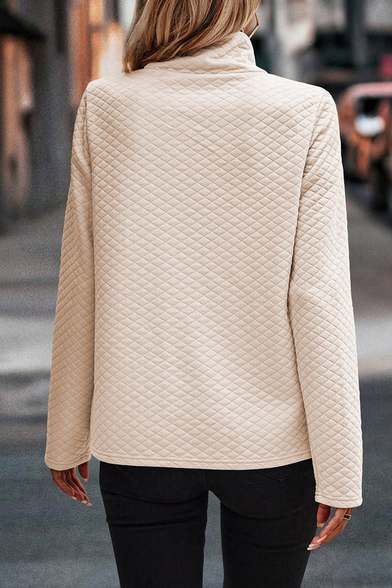 Apricot quilted sweatshirt with stand-up collar and kangaroo pocket