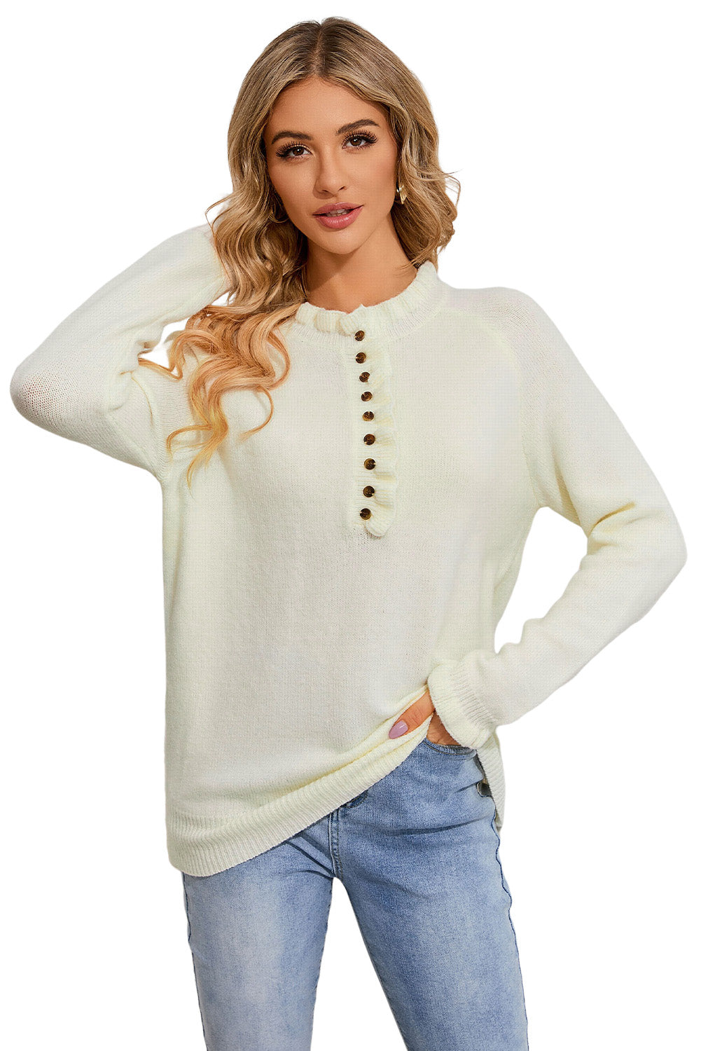 Pull pull en tricot boutonné à volant beige