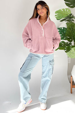 Fushia Plush Sweatshirt with Stand-Up Collar and Half-Button Zip Pocket