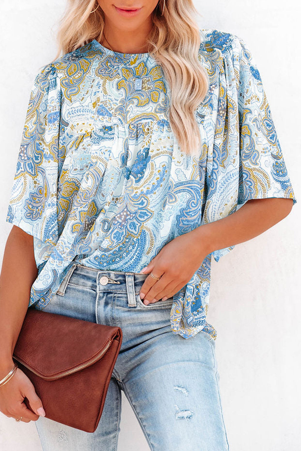 Sky Blue Paisley drucken breite Ärmel lose Bluse