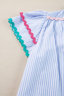 Ricrac striped blue striped blouse and split collar, ruffle sleeves