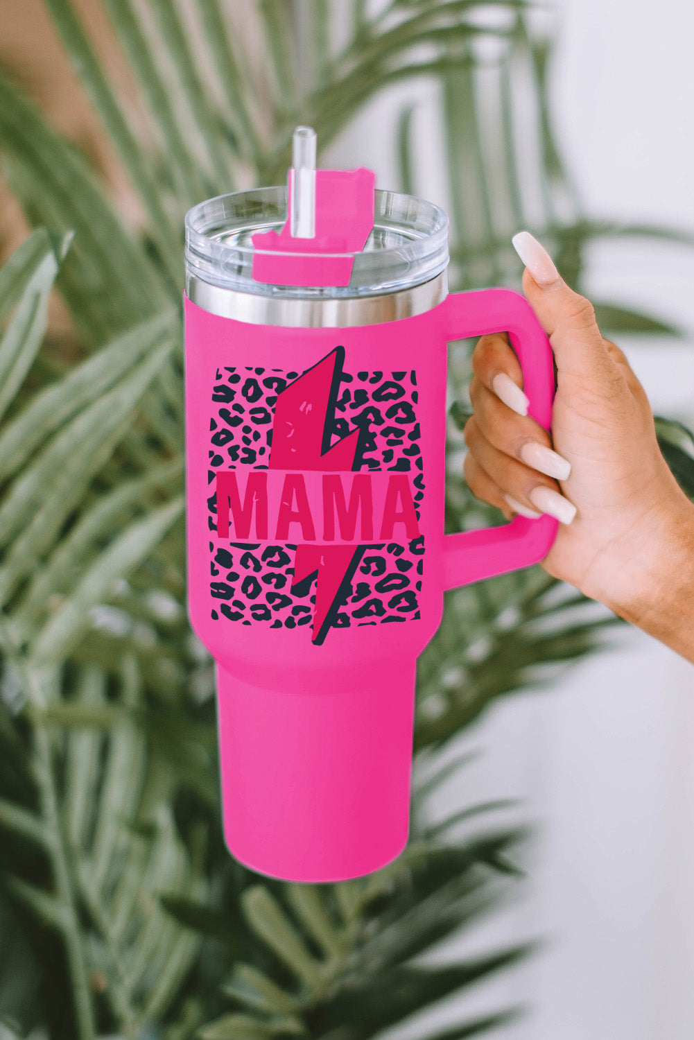 Rose Mama Lightning Leopard Print Straw Tasse isolante en acier inoxydable 40oz