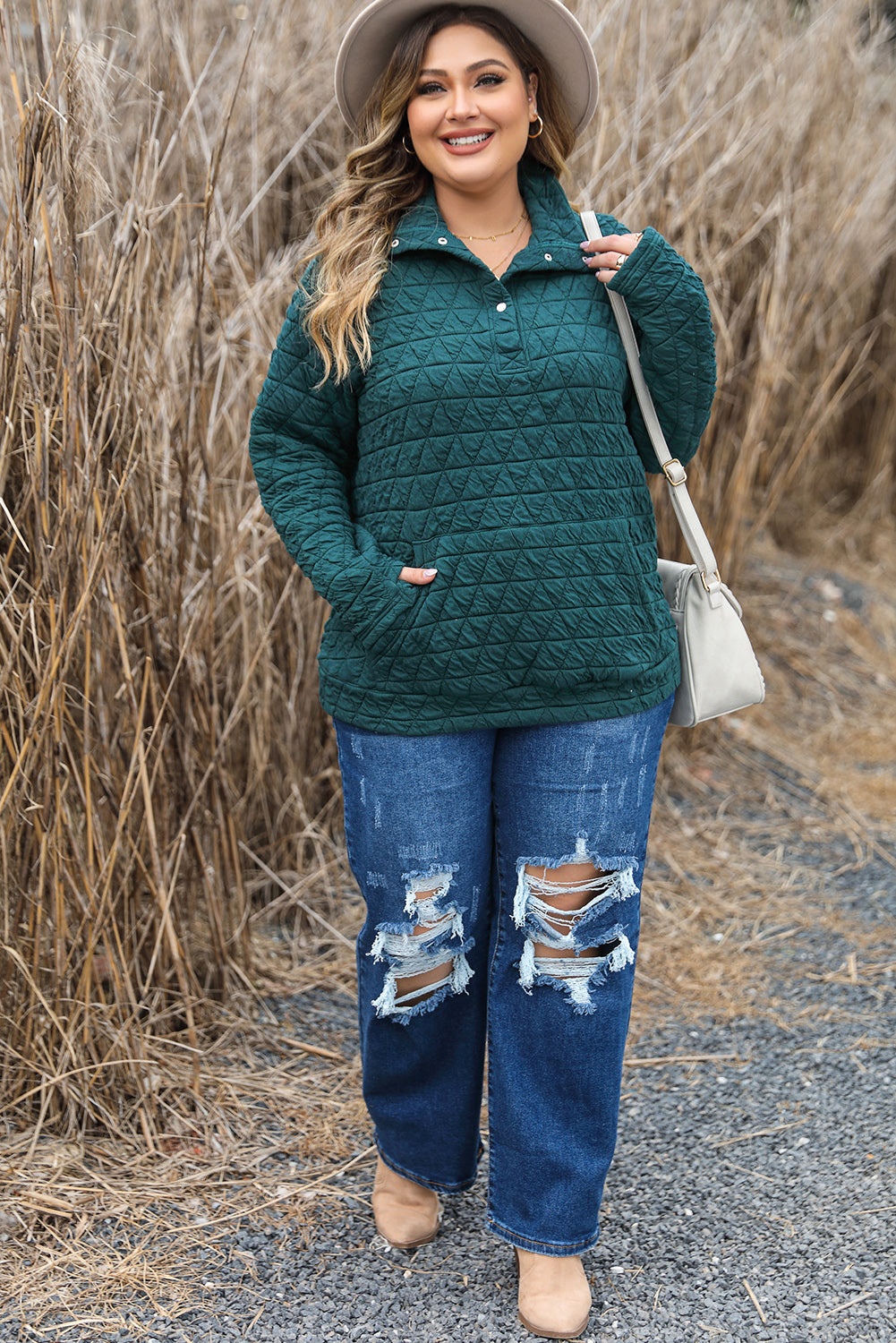 Sweat matelassé à empoche à mèches en vert plus taille plus taille