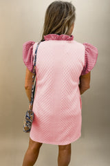 Textured mini-Right-red with puffy and ruffle sleeves and light pin v-neck