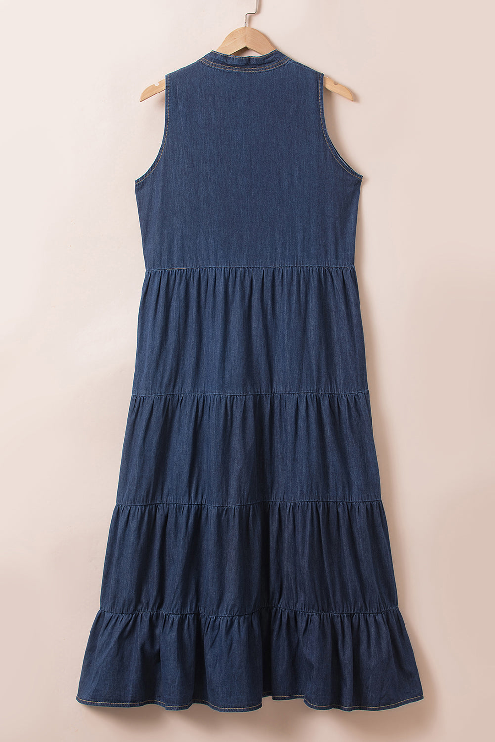 Echtes blaugrüne ärmelloses Chambray Maxi -Kleid