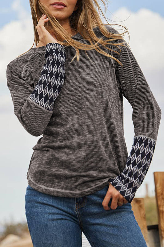 Gray Aztec Patchwork Ribbed Long Sleeve Top