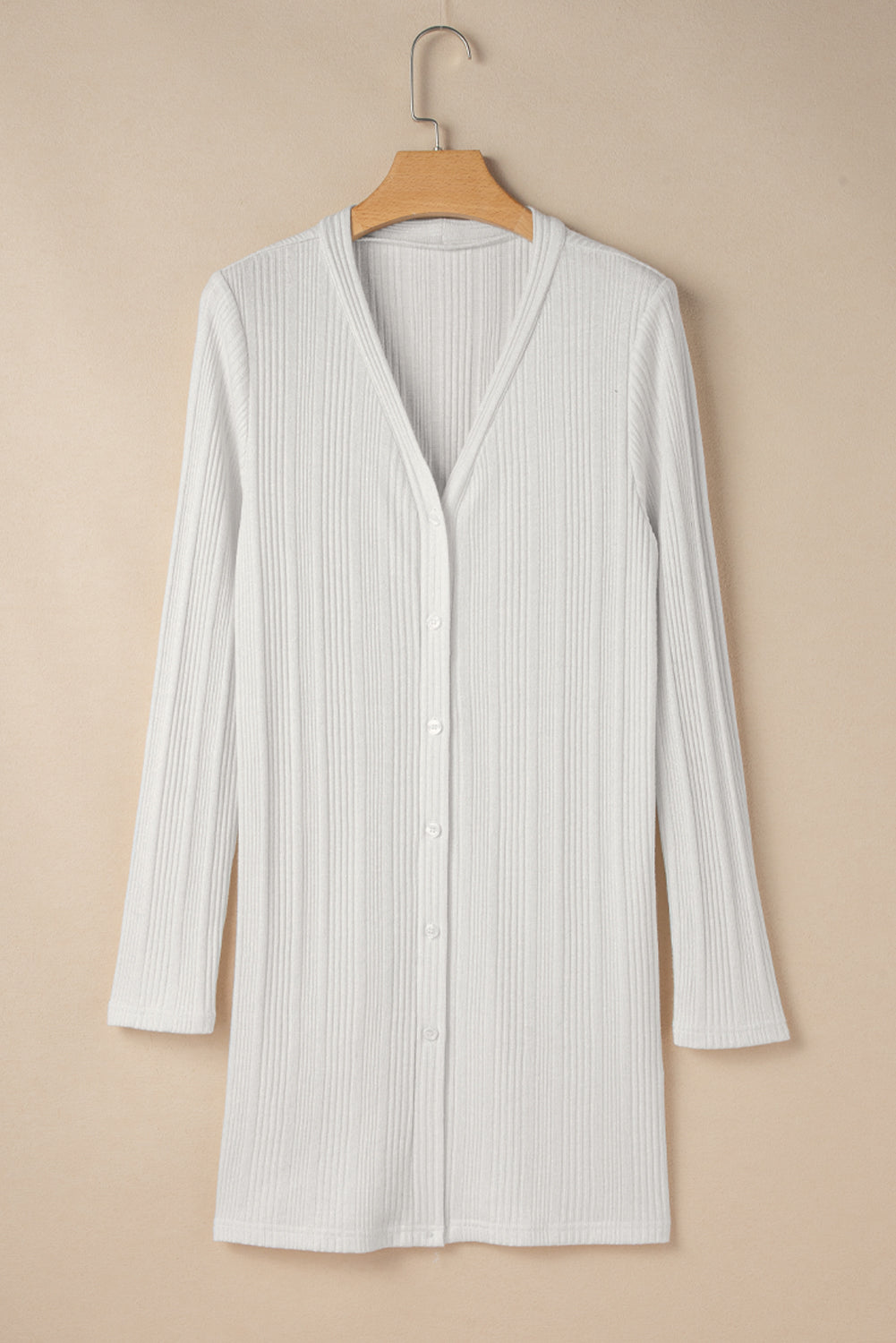 Cardigan tunique boutonné côtelé de couleur unie blanc