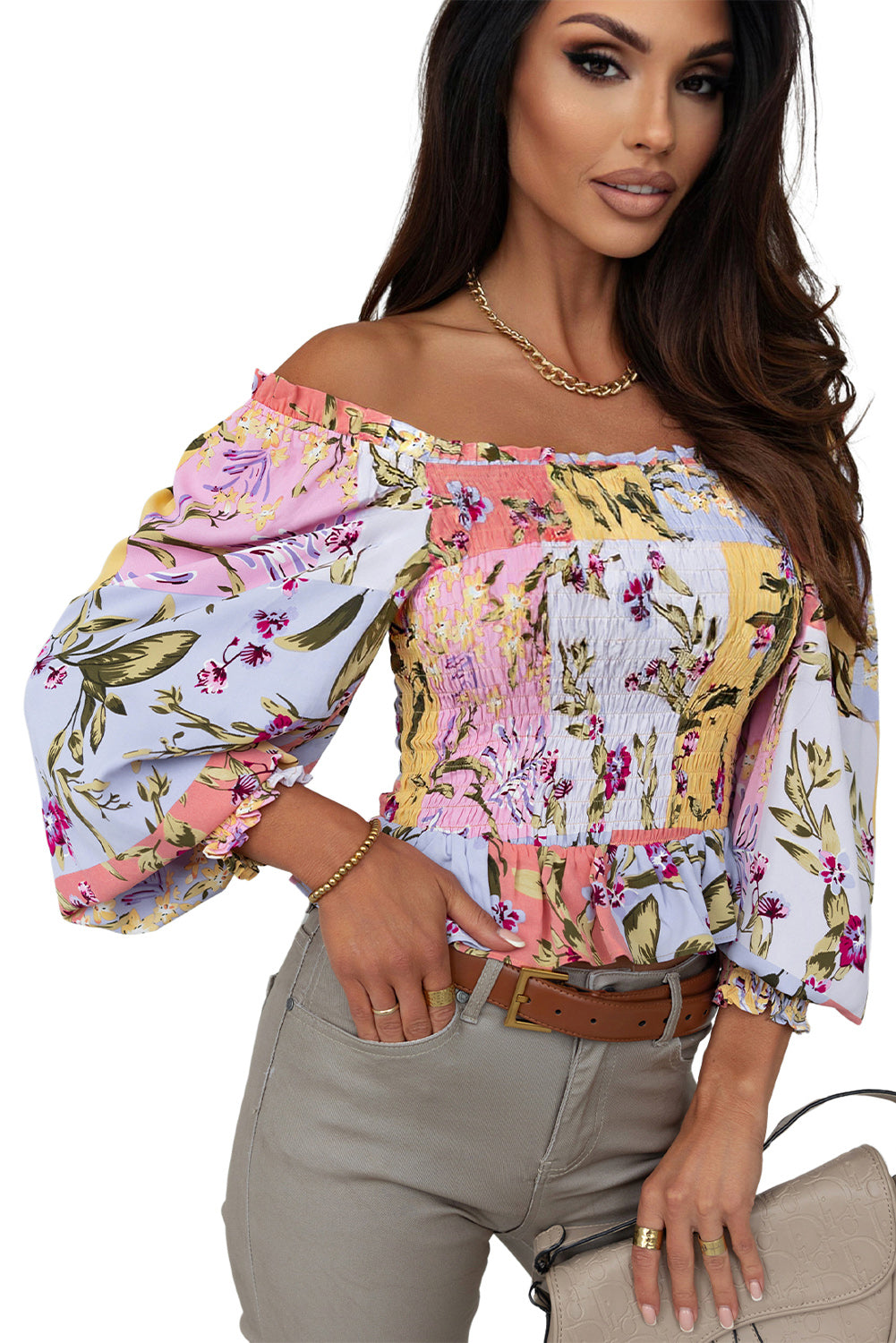 Blusa multicolor de adornos cuadrados lisoneados con liquidación