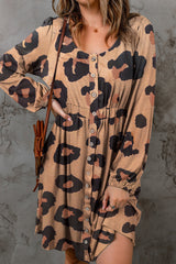 Leopard Print Button Front Puff Sleeve Loose Knit Dress