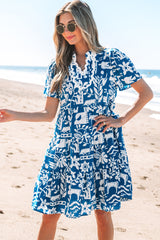 Blue floral loose dress with split collar and Ricrac border