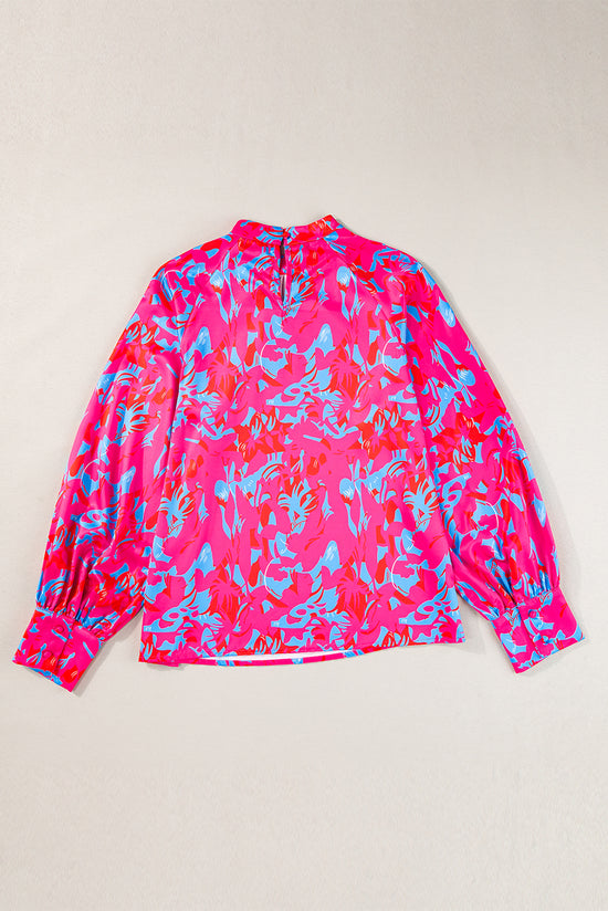 Violet blouse printed with bubble sleeves and rising collar