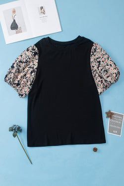 Plus Size Black Daisy Print Short Sleeve Bubble Tunic Top