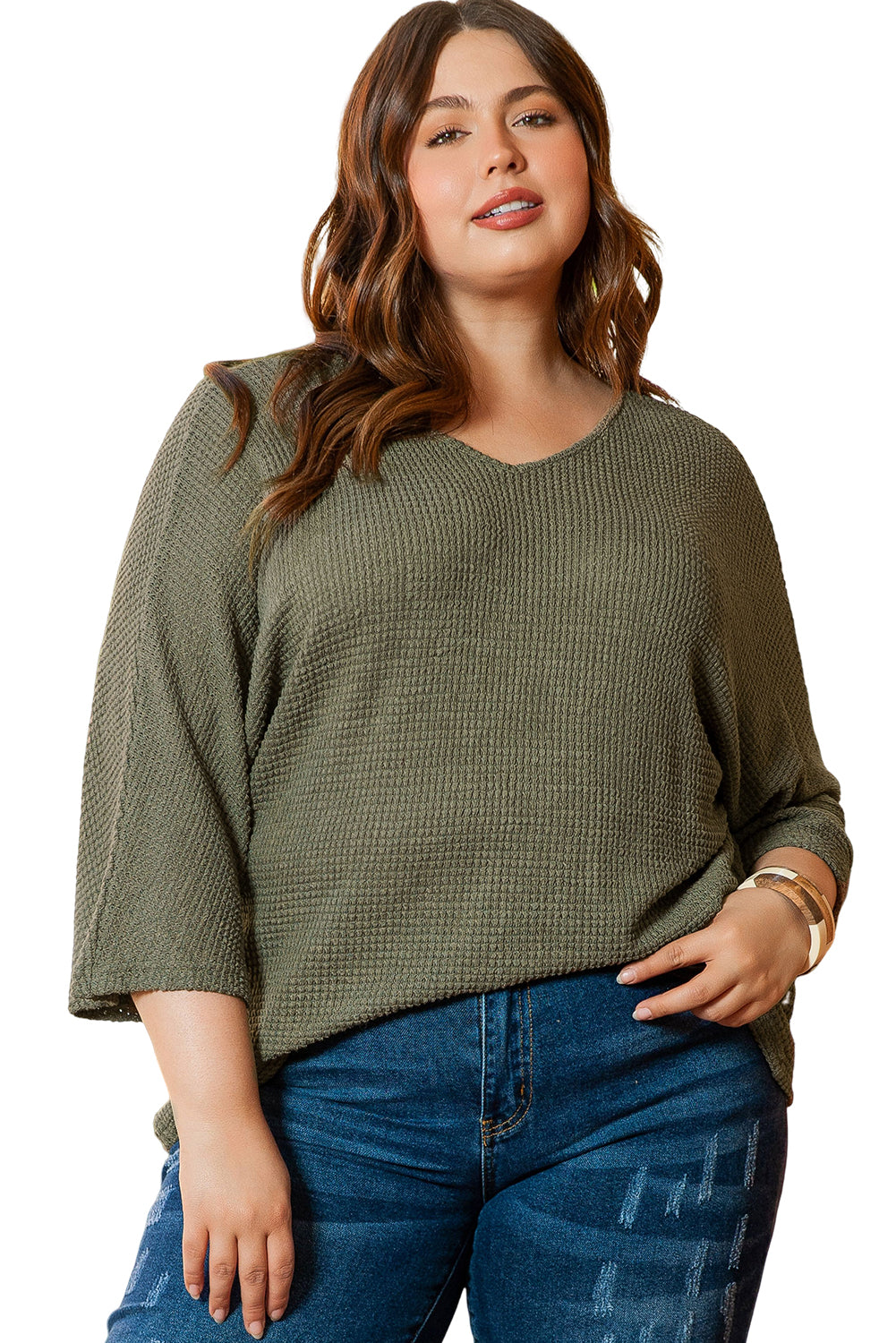 Giungla verde plus size a V Neck a te strutturato in maglia Dolman