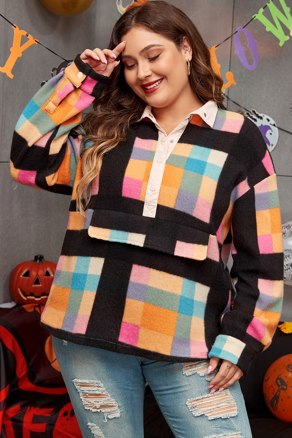 Black Plaid Print Plus Size Sherpa Henley Sweatshirt