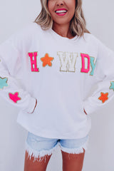 Sudadera blanca relajada Howdy Glitter Chenille Patch Gráfico