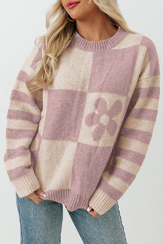 Striped sleeve sweater with floral check print and orchid petals