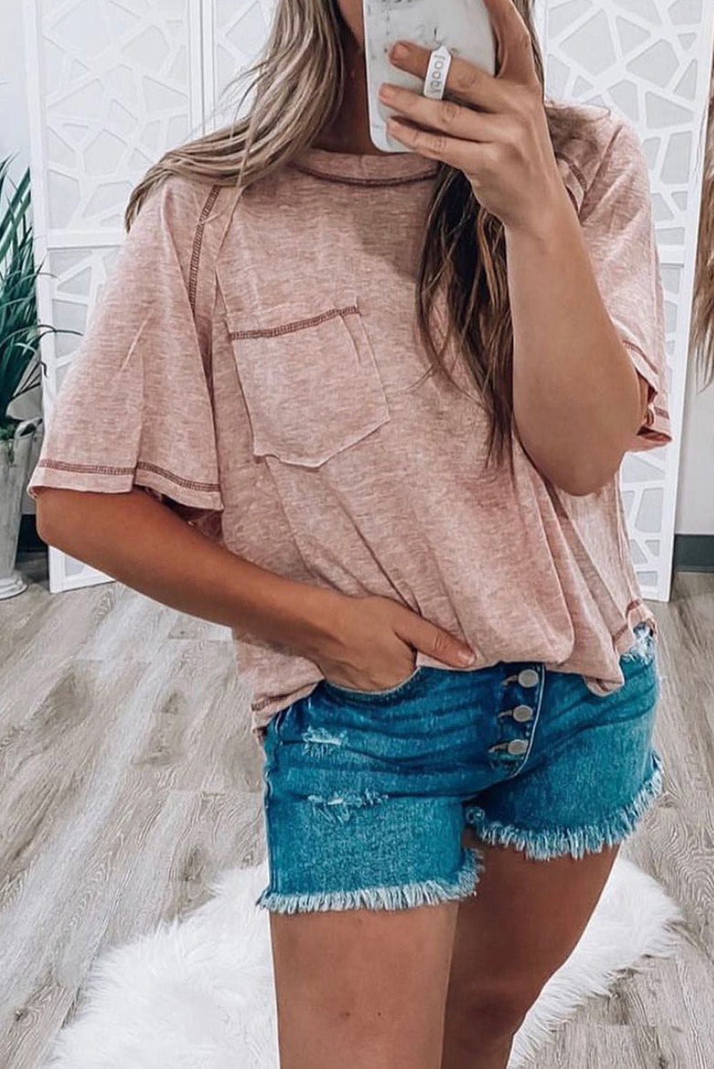 Dusty Pink Exposed Naht Detail Lose T-Shirt