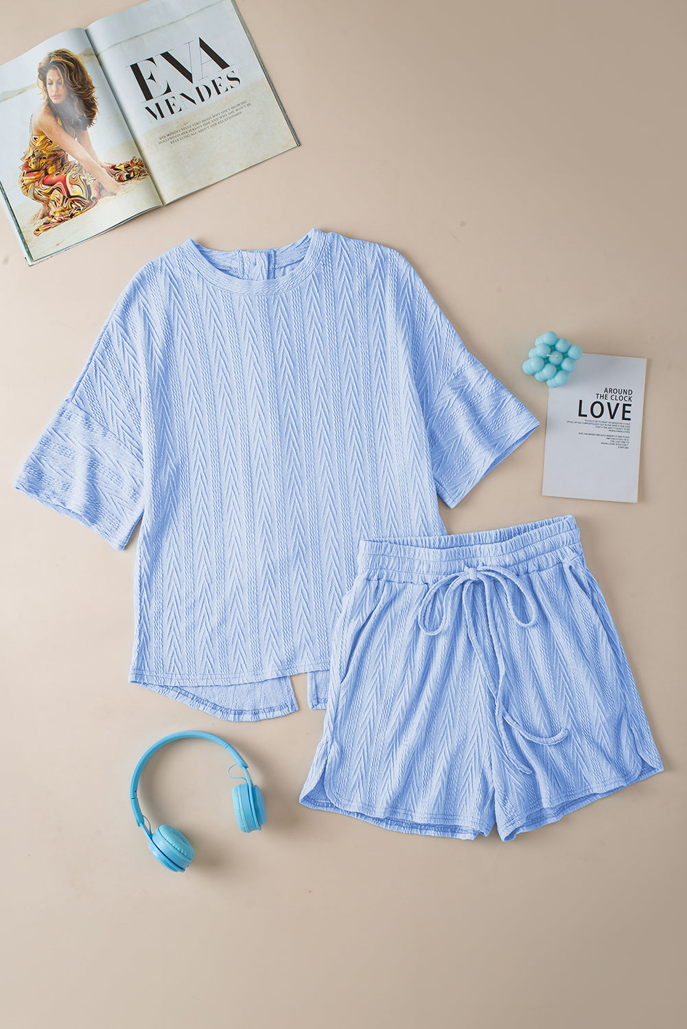 Beau Blue strukturierte geknöpfte T -Shorts -Shorts Set