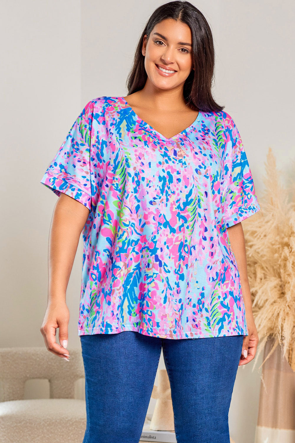 Sky Blue Plus Size Plant Stampa a v-shirt