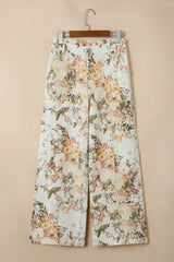 Jean large beige fleuri à taille haute et poches plaquées