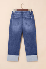 Real-chouillets pliés en tuze jeans droits de taille droite en détresse