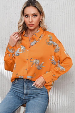 Shirt buttoned in satin with Russet Orange Guépard Print Print