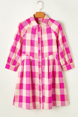 Flared mini shirt dress with bracelet sleeves and pink red plaid collar