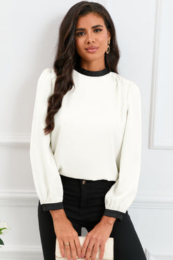 White blouse with uphill collar with knot in the back and color blocks