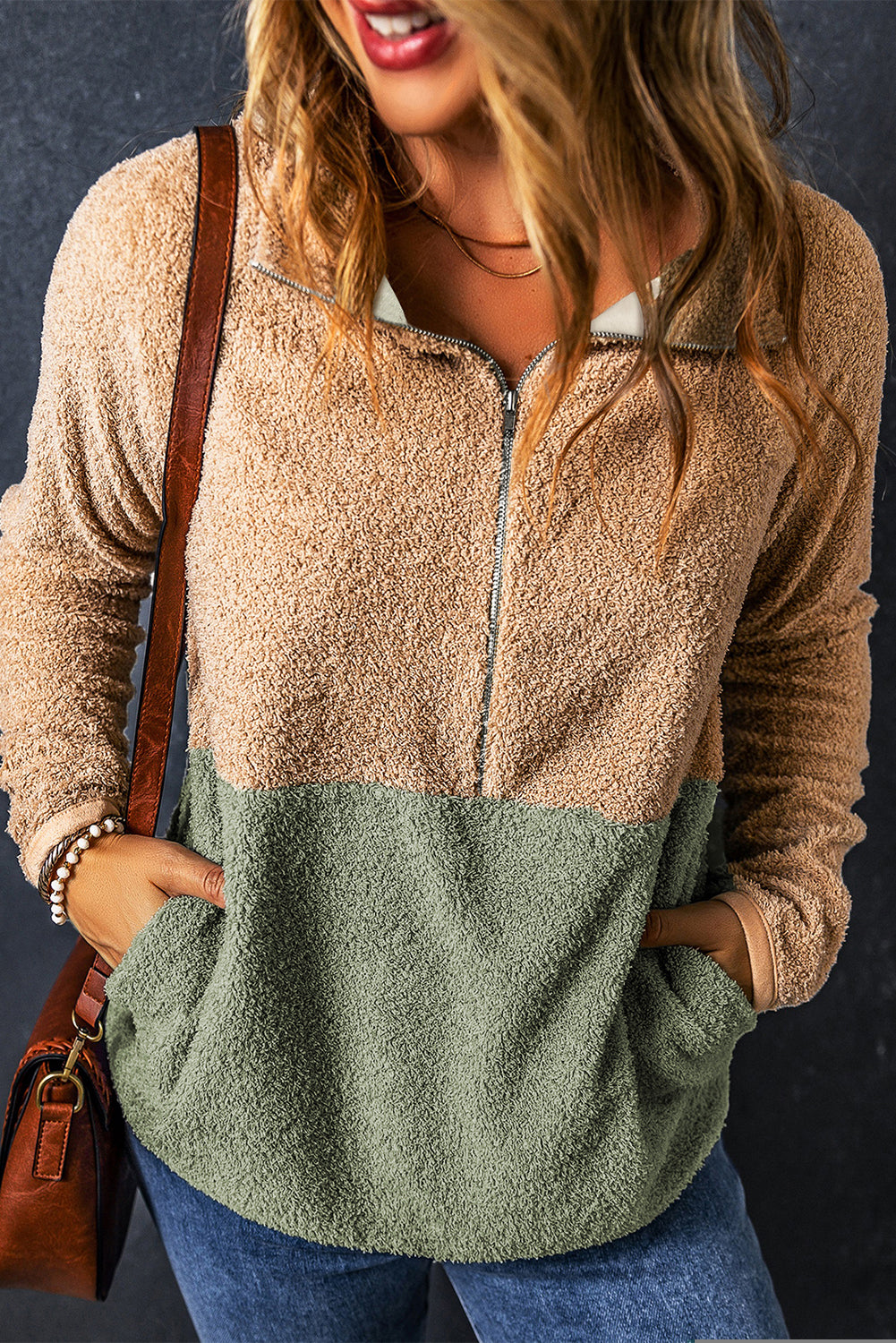 Smoke Grey Two-Tone Half-Zip Fleece Sweatshirt