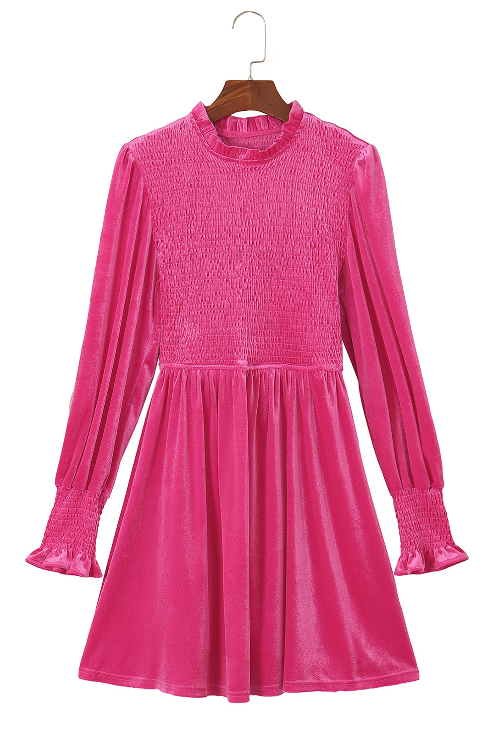 Abito in velluto con corpetto smock a collo rosa