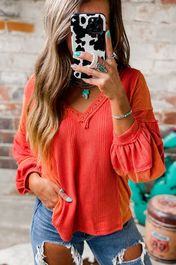 Fiery Red Studded V-Neck Textured Knit Top with Seam Detail