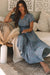 Blue Printed V-Neck Ruched Long Dress with Short Puff Sleeves